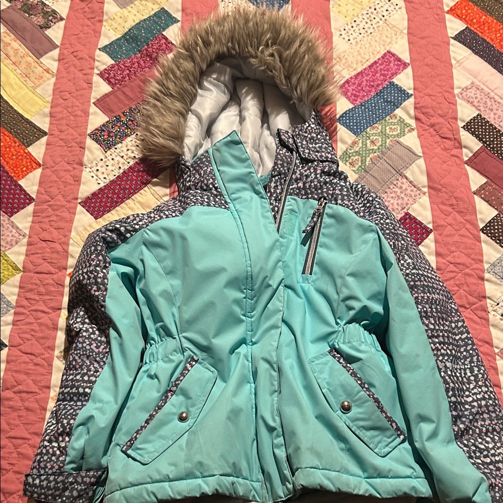 Free Country Kids Teal and Gray Puffer Jacket with Faux Fur Hood